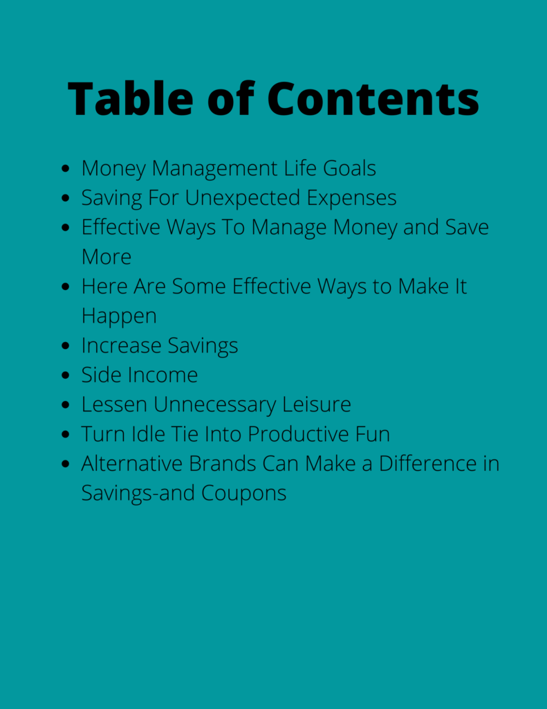 Personal Fin Money Management Table of Contents