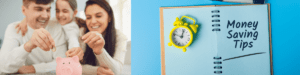 Simple Money Savings Tips a woman smiling and a yellow alarm clock on a blue wall